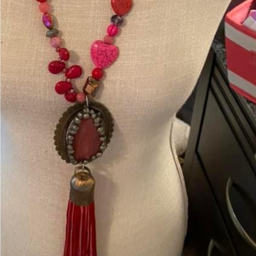 Art by Amy pink & red gemstones with hearts and other shape gem stones @ pendant